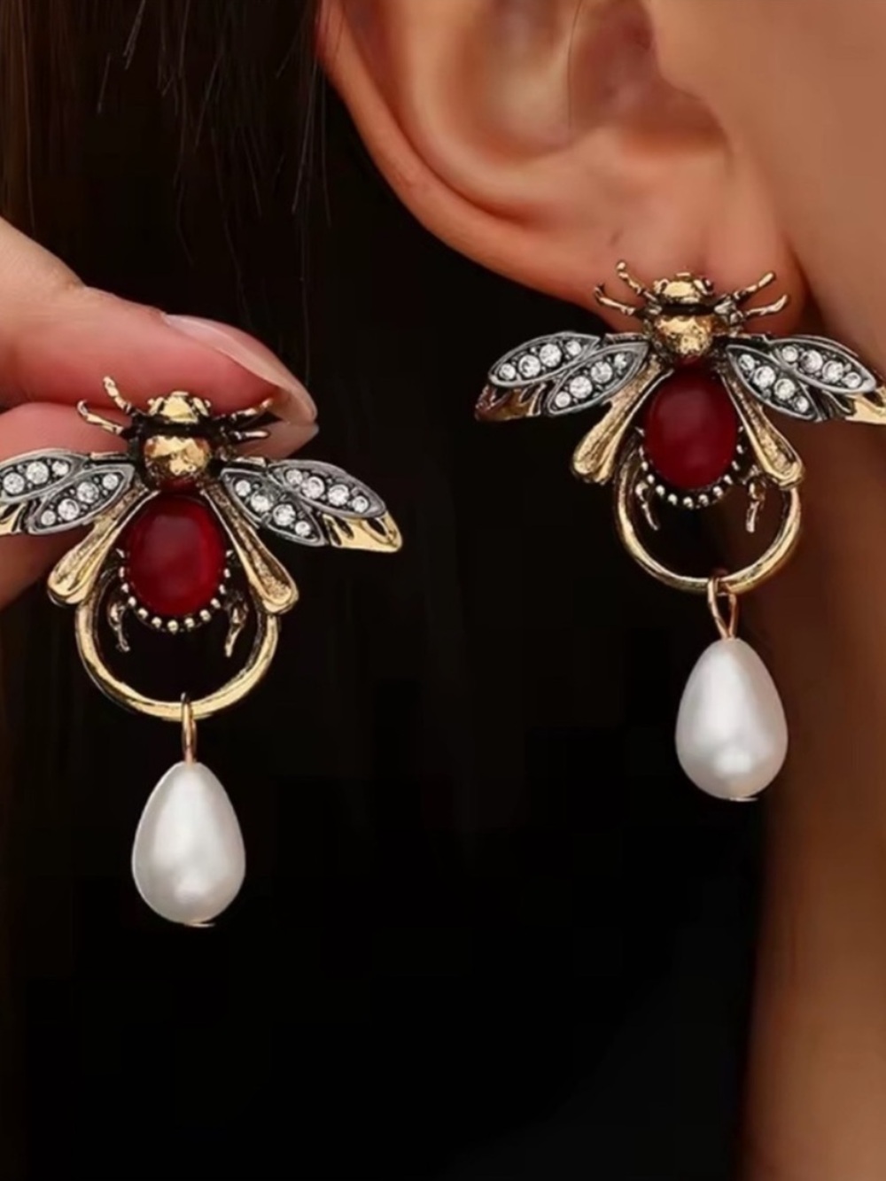 Vintage Gold Bee Earrings with Red Stone and Pearl Drop